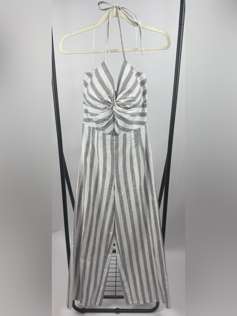 Derek Heart Gray White Stripe Halter Jumpsuit Wide Leg Smocked Back Size M - Picture 2 of 6